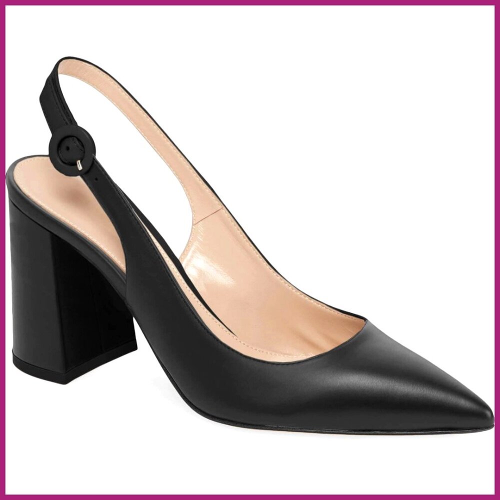 Faux Leather Pointed Toe Block Heel Pumps Slingback Dress Shoes